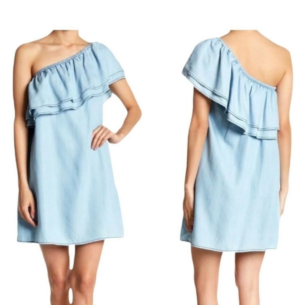 NWT BB Dakota Dress Isla One Shoulder Denim Ruffle Elasticized Light Size Large‎